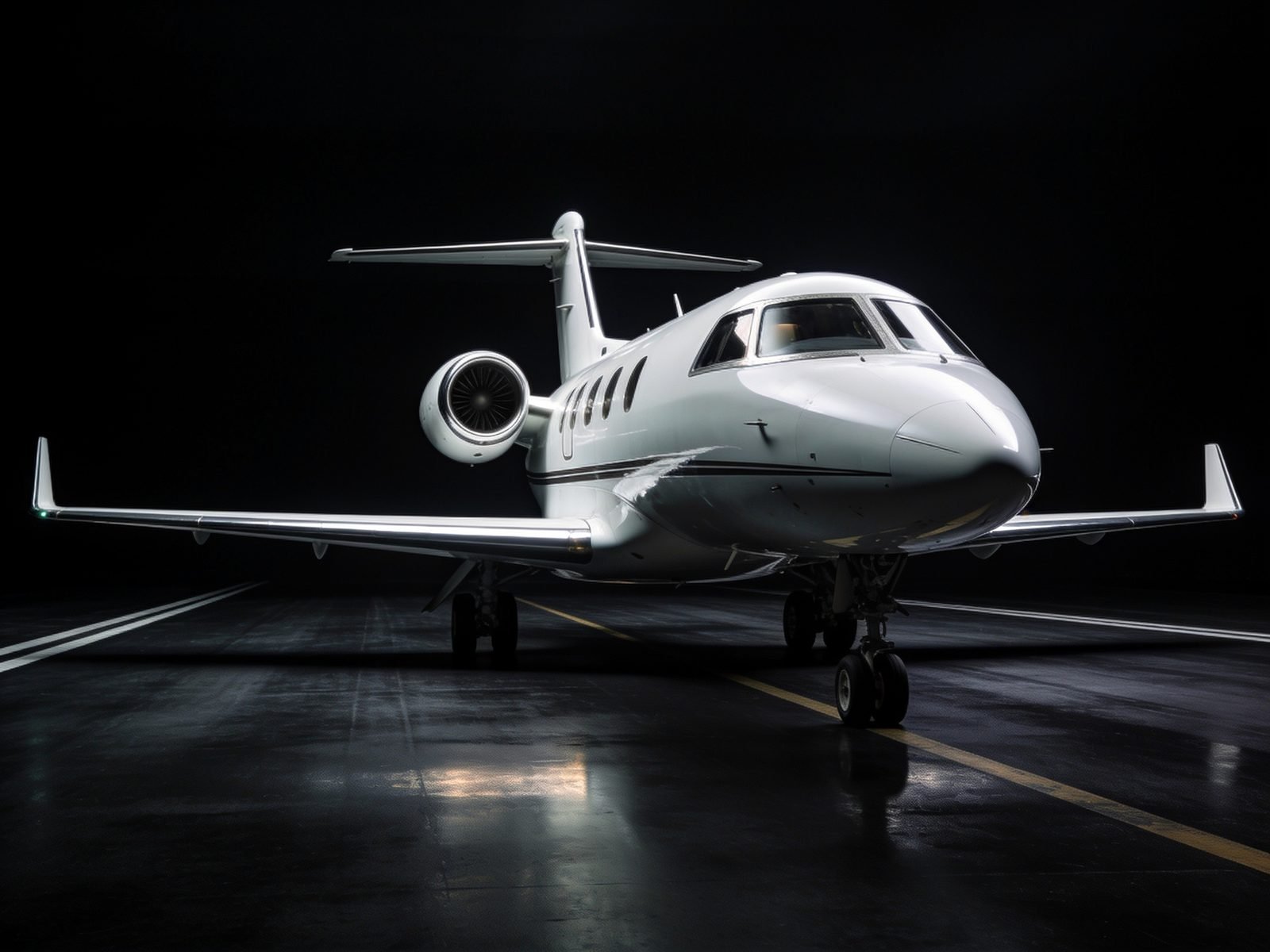 Private jet under cinematic runway lighting