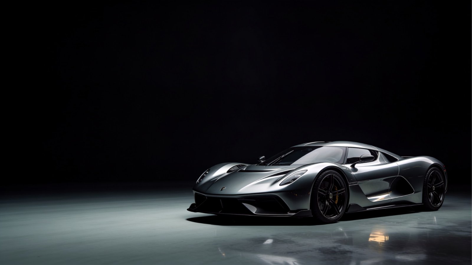 Silver hypercar lit in a dark studio